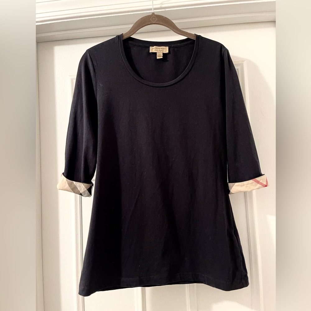 Authentic Burberry women Checked Cuff 3/4 Sleeve Tee Top Black Medium
